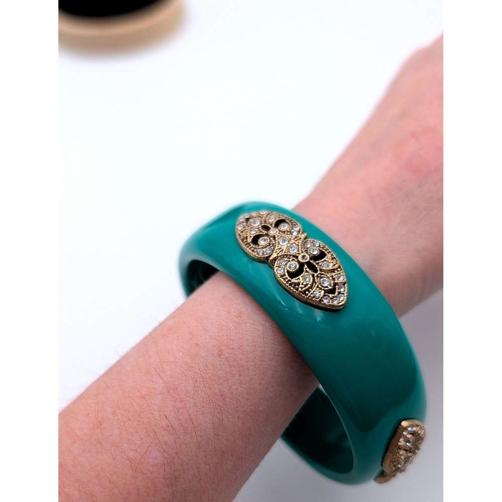 Vintage Teal Green Resin Bangle Bracelet Gold Filigree Crystal Crown Logo